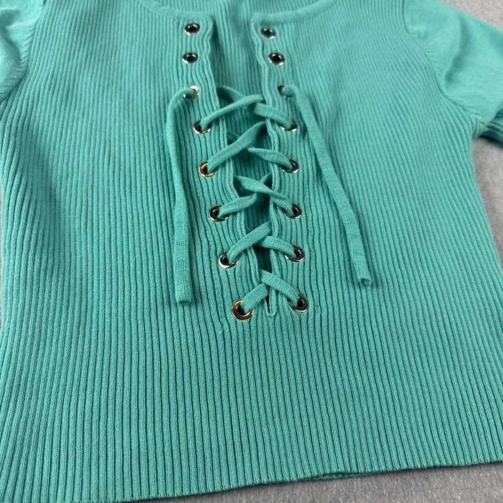Lace Up Ribbed Knit Top Women Medium Teal Short Sleeve Excellent Grunge Y2K